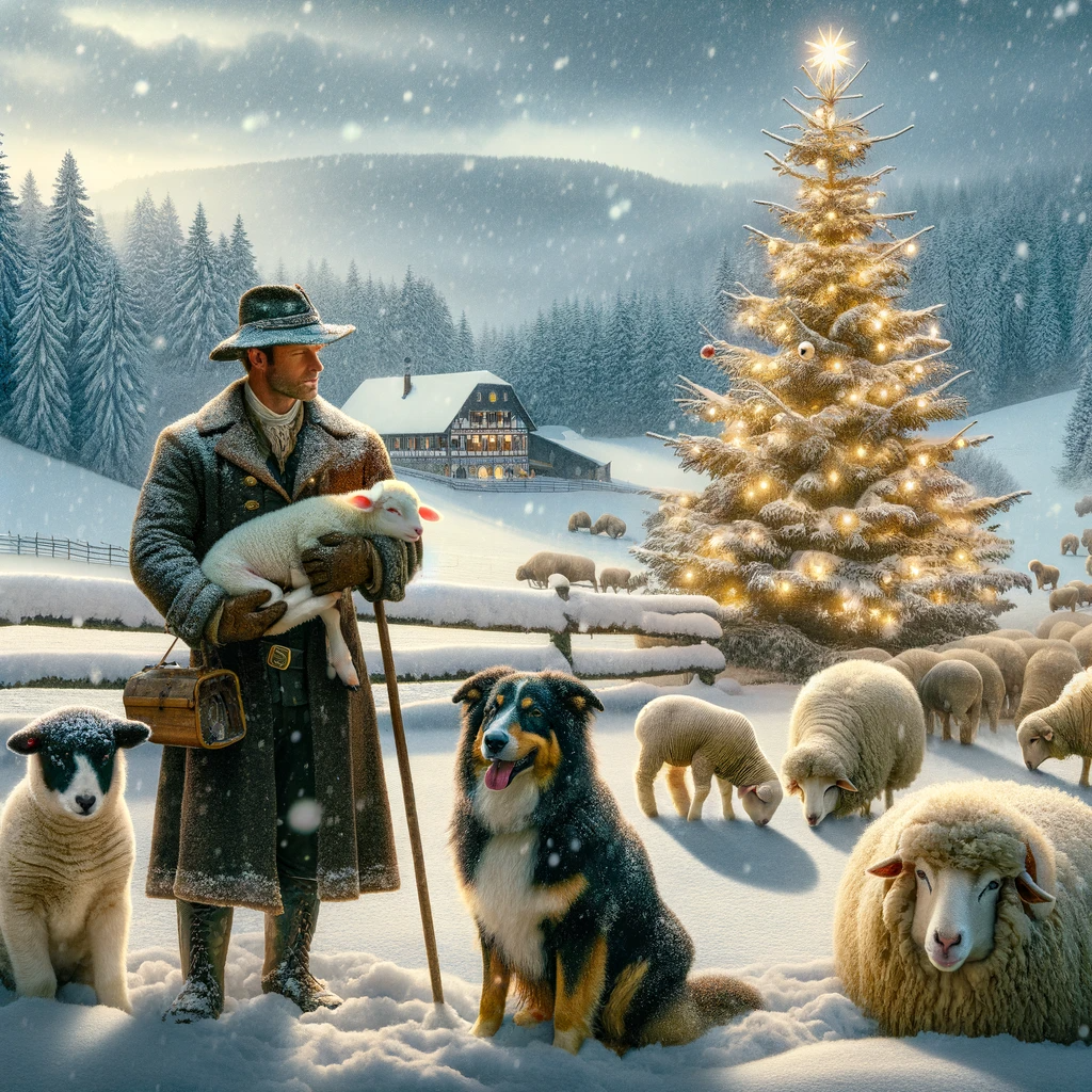 Winter-Szene mit weihnachtlich dekorierter Fichte und einem Schäfer mit einem Lämmchen auf dem Arm und seinem Hütehund neben ihm im Vordergrund 